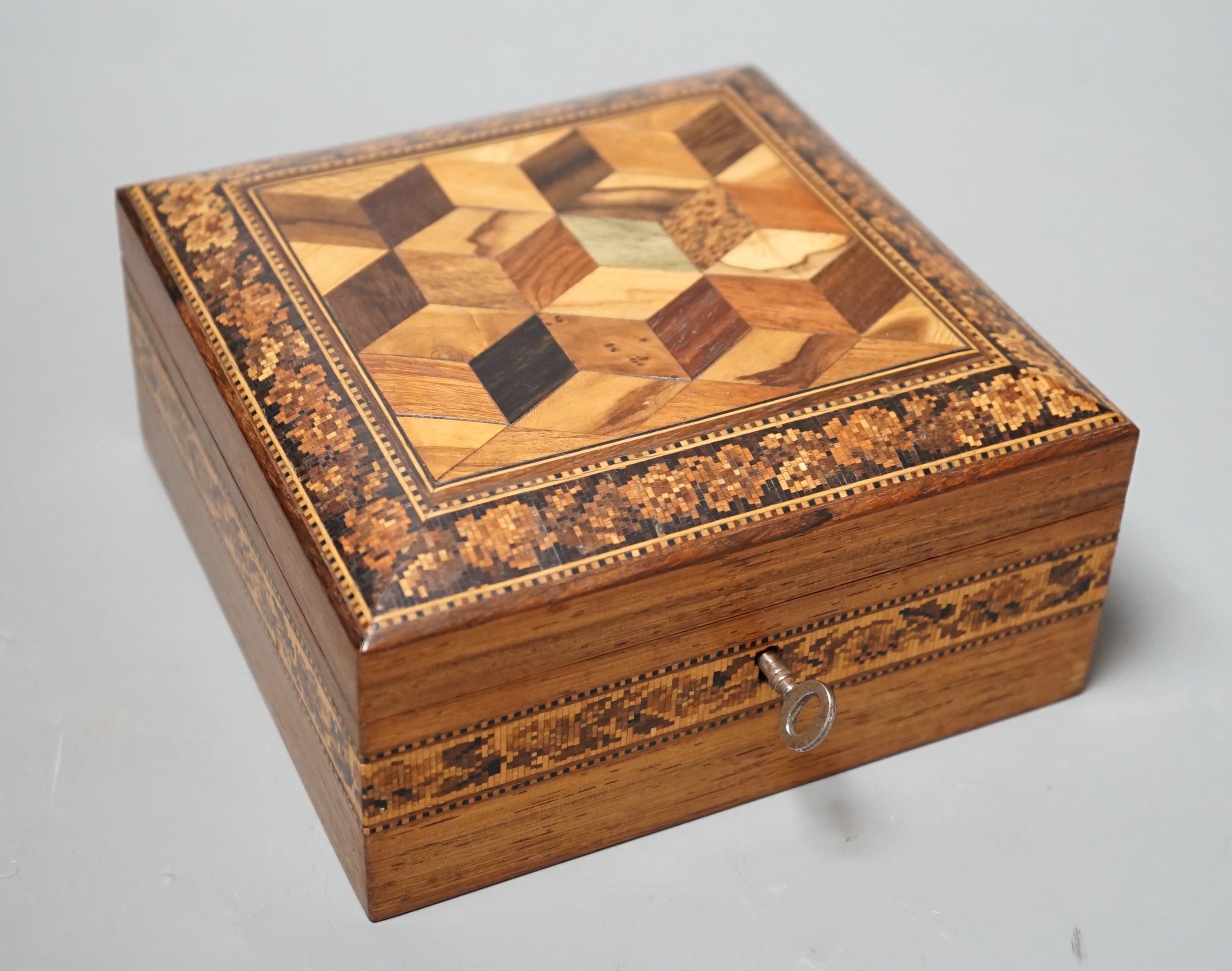 A Tunbridge ware rosewood, perspective cube marquetry and mosaic square box, 15cm wide